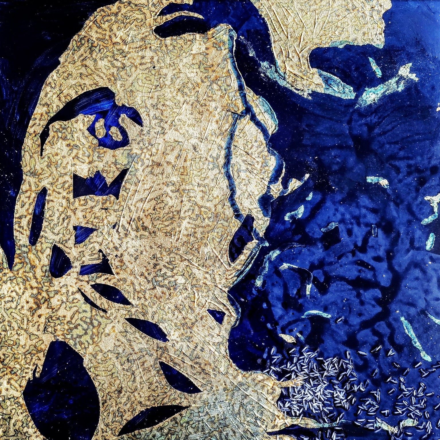 Detail of a blue and gold mixed-media collage by Candace Hunter
